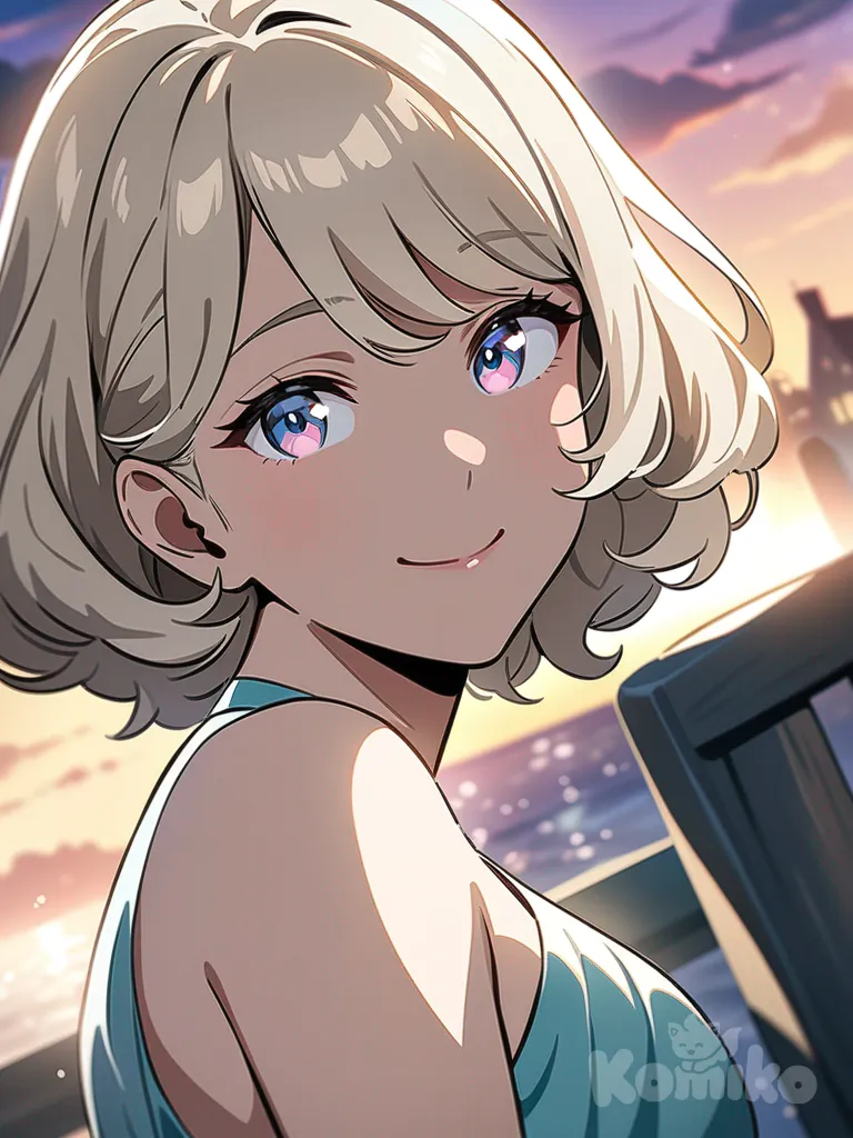 beautiful anime waifu, portrait style, face, highly anime art, [high-gloss-illustration-style], evening dress, anime coloring 눈 색깔은 하늘색으로 하고 몸매는 글레머 스타일 헤어스타일은 백금발의 긴머리, smile, 1girl 가슴크기는 G컵으로 사죠마니카 성인버전 스타일로 그려줘