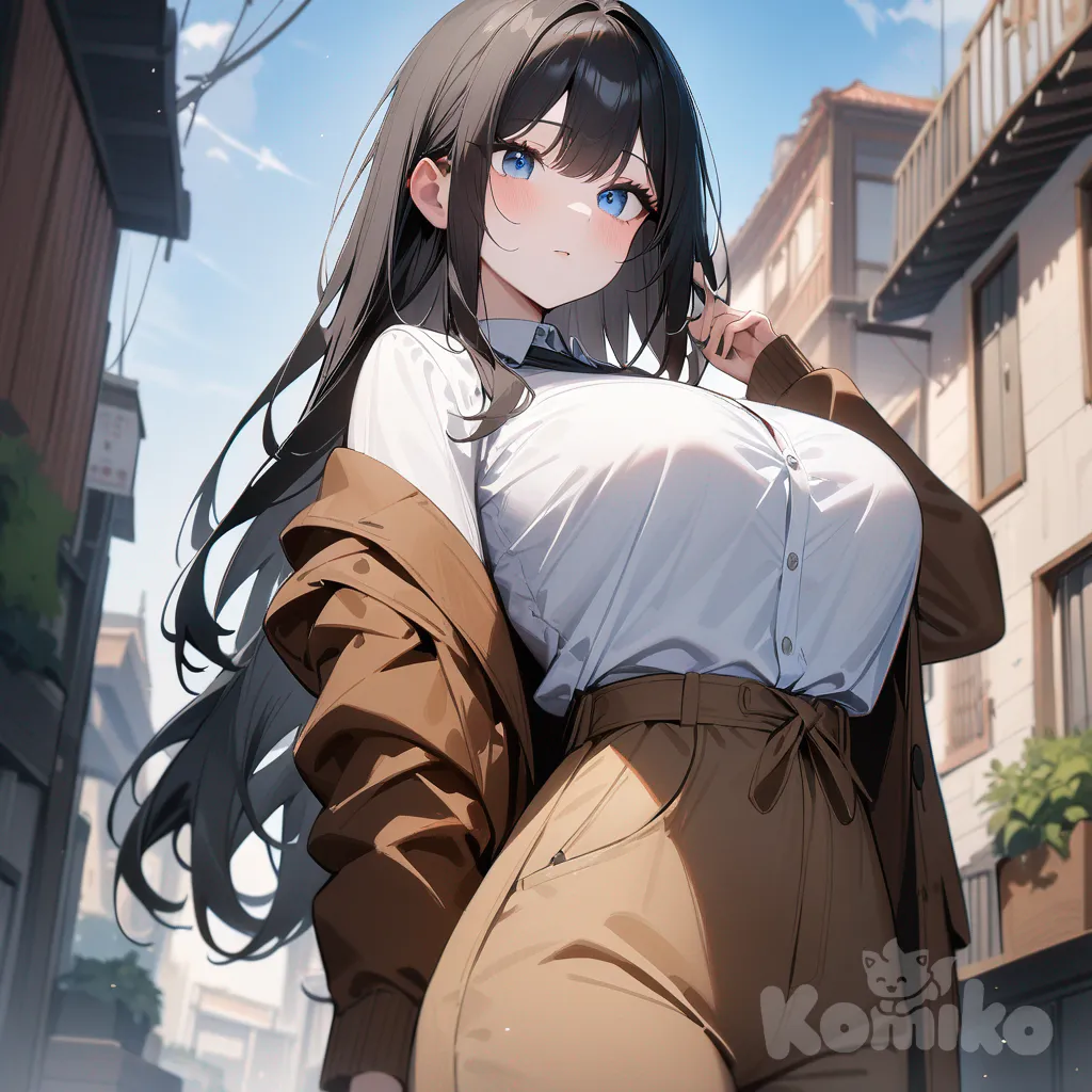 1girl, 긴 머리, 검은 머리, 허리까지 오는 머리, 하늘색의 눈, 뚜렷한 하늘색의 눈, 순백의 피부, 큰 가슴, f컵, 168cm, 50kg, 슬림한 체형, 절세미인, suit