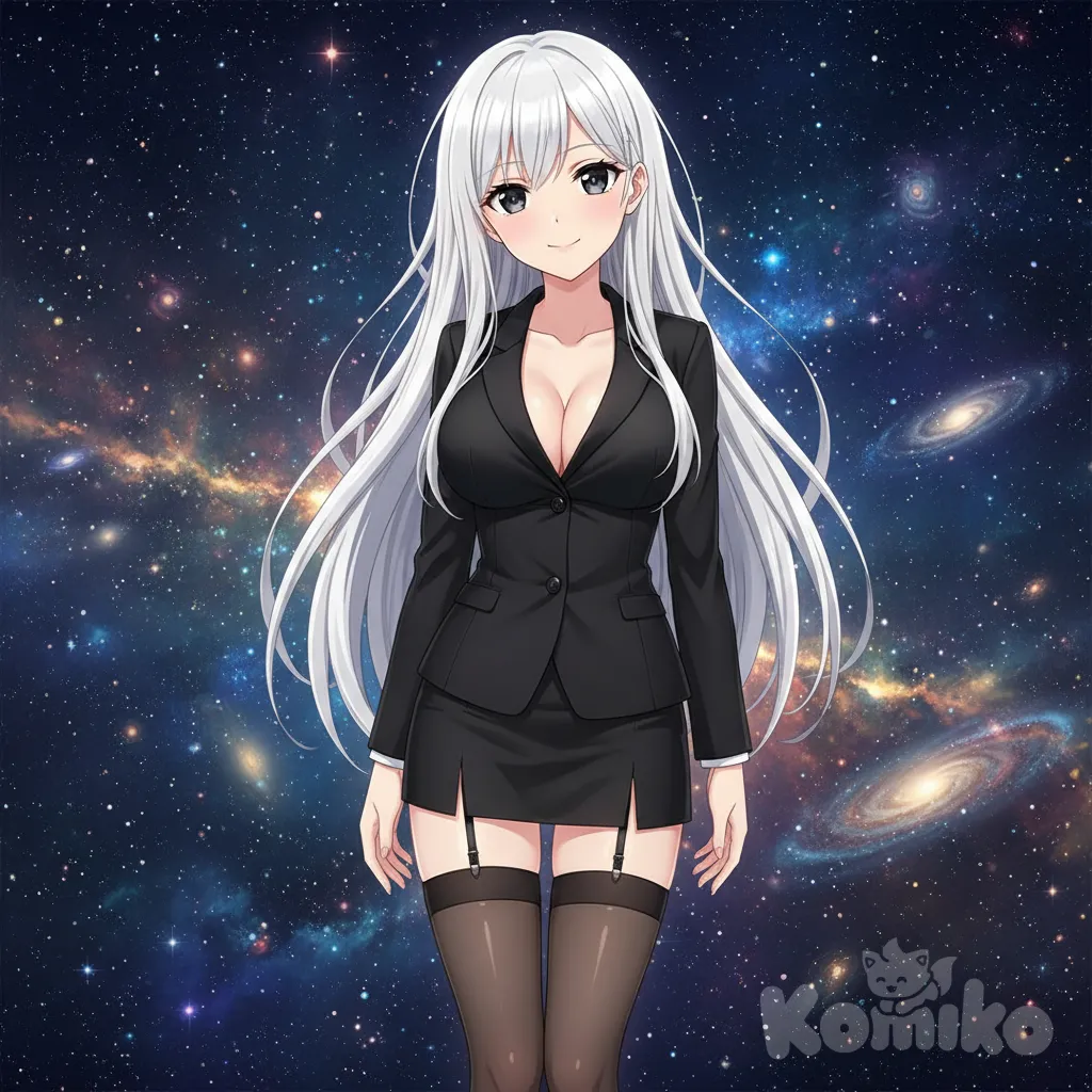 white hair, long hair, waist length hair, black eyes, large breasts, [G cup], height 170cm, weight 55kg, business suit, black miniskirt, garter belt, smile, full body, cosmic background, starry sky, anime style