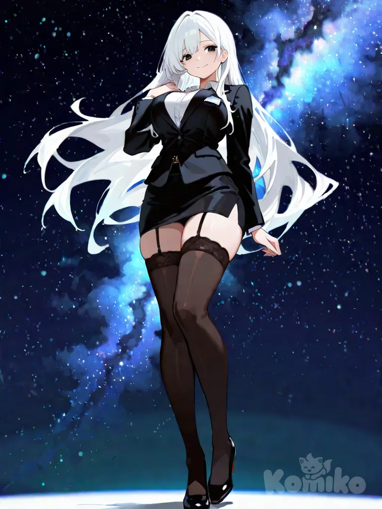 white hair, long hair, waist length hair, black eyes, large breasts, [G cup], height 170cm, weight 58kg, business suit, black miniskirt, garter belt, smile, full body, starry sky, anime style