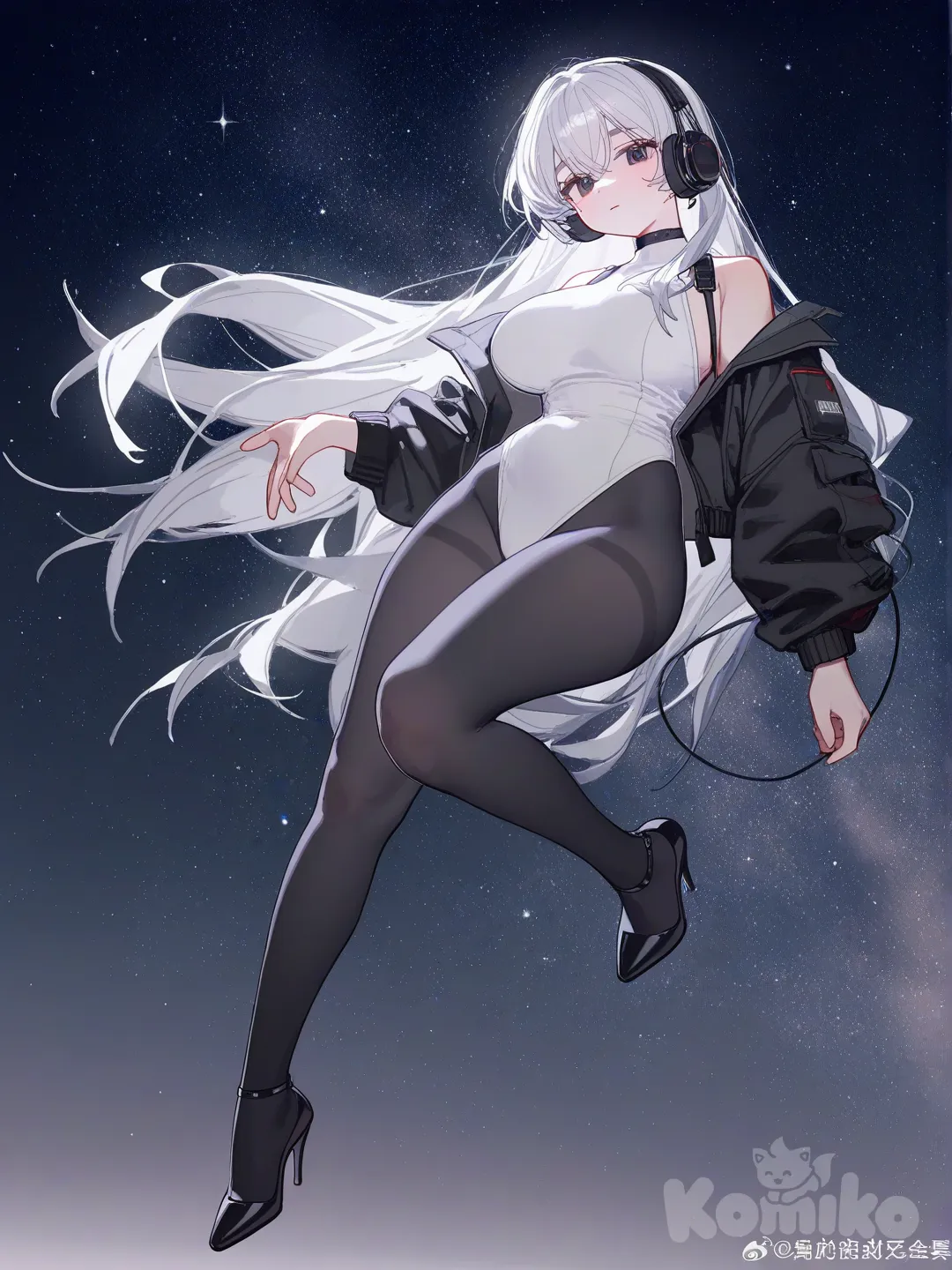 1girl, beautiful anime waifu, portrait style, face, highly anime art, beautiful anime waifu, portrait style, highly anime art, long hair, waist length hair, white hair, black Eyes, large breasts , height 173cm, weight 63kg, full body, starry sky, anime style, night, background, looking at viewer, write Sleeveless leotard, black leggings pants, black Off-shoulder open jacket, black Stiletto heel, black headphones,expressionless, [lacquered-illustration-style]
