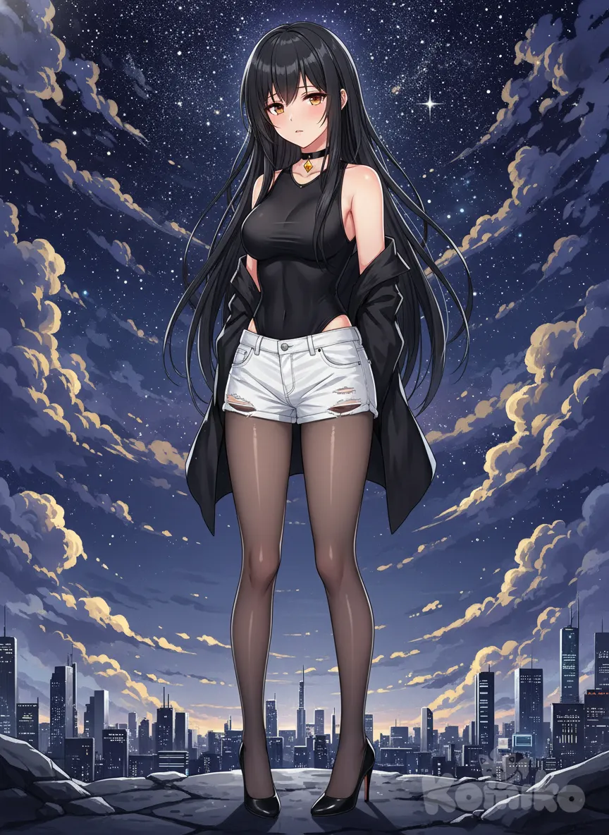 1girl, beautiful anime waifu, portrait style, face, highly anime art,  beautiful anime waifu, portrait style, highly anime art, long hair, waist length hair, black hair,  Amber Eyes, large breasts , height 173cm, weight 63kg, full body, starry sky, anime style, night, background, looking at viewer, 
black Sleeveless leotard, white hot pants, black pantyhose, black Off-shoulder open jacket, black Stiletto heel, beauty mark, yellow diamond black choker, [lacquered-illustration-style], disappointed, anime style