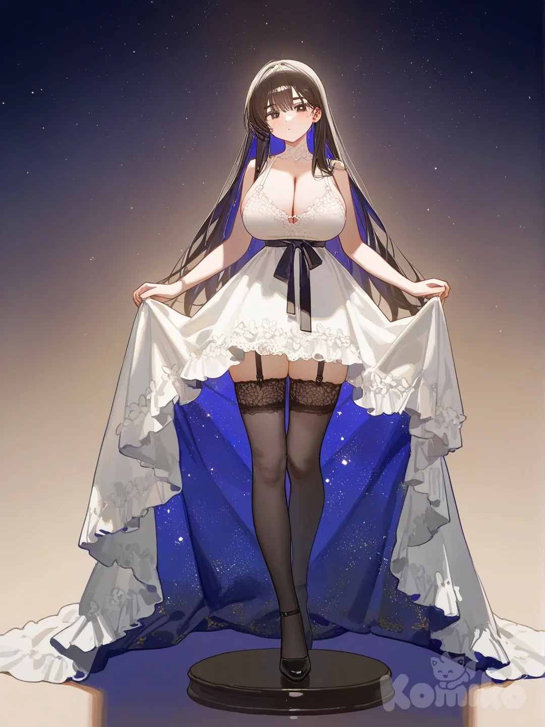 1girl, beautiful anime waifu, portrait style, face, highly anime art,  beautiful anime waifu, portrait style, highly anime art, long hair, waist length hair, black hair, black eyes
large breasts Hcup , height 173cm, weight 63kg, full body, starry sky, anime style, night, background, looking at viewer, wearing a frilled white summer one-piece dress with a ribbon belt, white lace lingerie visible underneath, floral lace garter belt and thigh-high stockings, black Mary Jane shoes, expressionless, [lacquered-illustration-style]