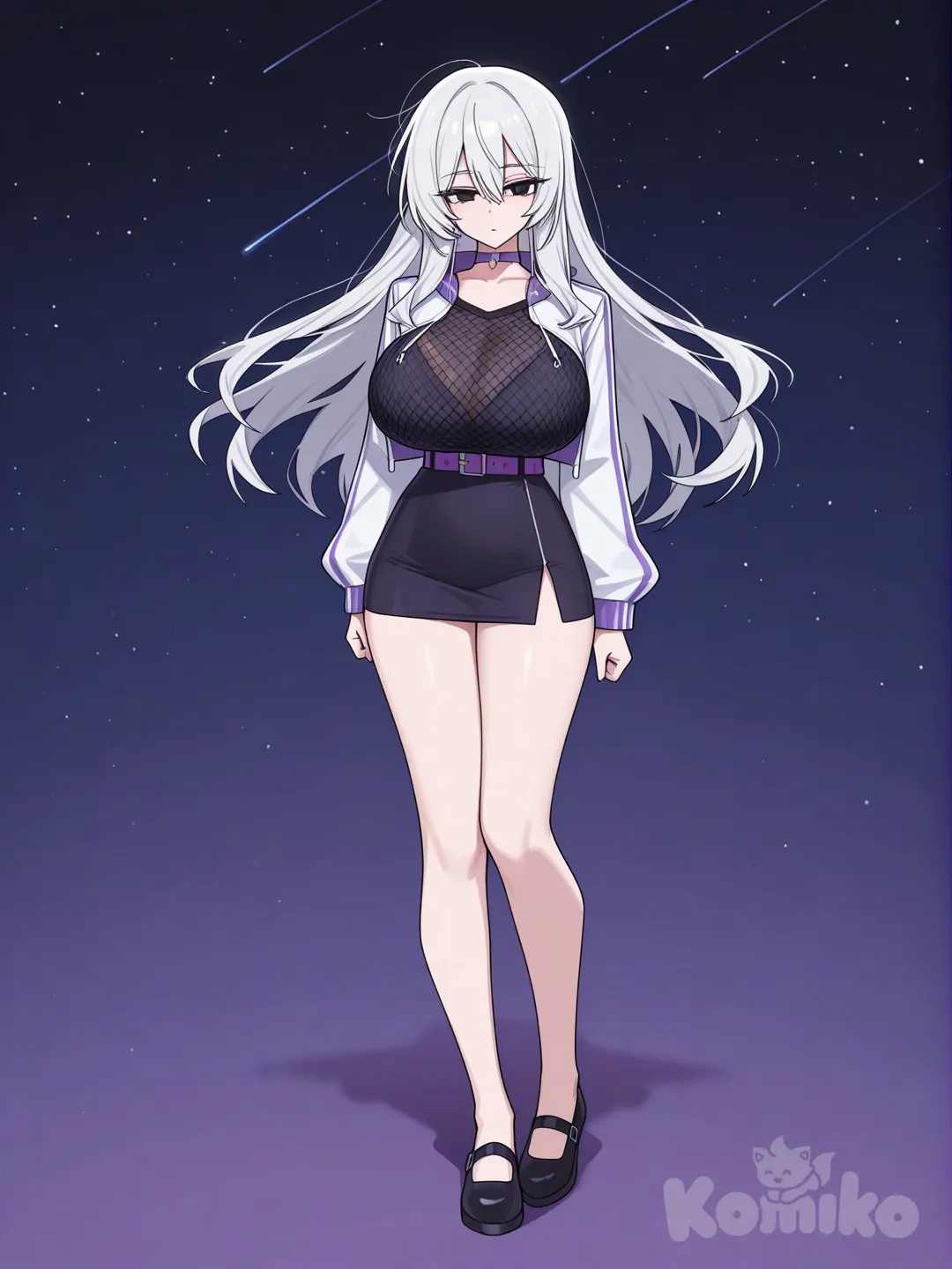 1girl, beautiful anime waifu, portrait style, face, highly anime art,  beautiful anime waifu, portrait style, highly anime art, long hair, waist length hair, white hair, black eyes
large breasts Hcup , height 173cm, weight 63kg, full body, starry sky, anime style, night, background, looking at viewer, high-neck black mesh top, white cropped jacket, short black Miniskirt, belt around waist, Lavender Mary Jane shoes, purple diamond choker, [toon-shaded-style]