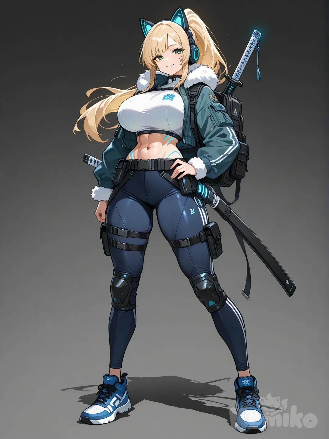 beautiful anime waifu, portrait style, face, highly anime art, 1girl, full body, long blonde hair in a high ponytail with side bangs, green eyes, beauty mark below lip, anime style, slim and athletic body, wearing a blue cropped puffer jacket with white fur collar and cuffs, slightly open front revealing a white inner top, futuristic stwear design, metallic sheen fabric, utility straps and weapon belt, tight dark-blue high-tech pants with glowing line details and reinforced panels on knees and thighs, blue sneakers with white fur trim, cat-ear headphones, two katanas on her back, futuristic black tactical backpack with glowing blue details, glowing blue accessories, shading, soft lighting, high-quality futuristic anime illustration large_breasts, Hcup, smile, 173cm,63kg
