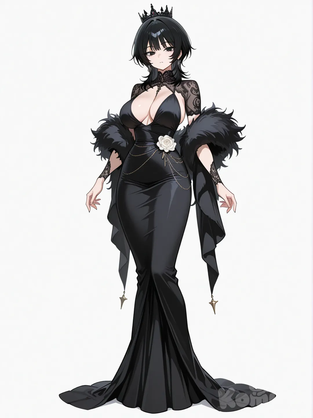 beautiful anime waifu, portrait style, face, highly anime art, black eyes, black medium-length wolf cut, 179cm ,77kg ,Hcup, full body, white background, black evening dress, black crown, [glossy-anime-style]
