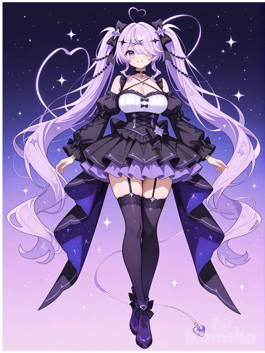 beautiful anime waifu, portrait style, face, highly anime art, 1girl, “1girl, anime style, magical girl theme, black long high ponytail, hair with side bangs covering one eye, ahoge shaped like a heart, purple star-shaped hair accessory on right side, purple eyes, soft smile, black choker with scallop pattern, off-shoulder magical girl dress, color theme black and purple, frilled neckline, star motif on chest with white border, puffy detached sleeves in purple with black trim, layered frill skirt in purple and black with small bow in the front, bead chains around the waist, thigh-high stockings with garter belts, black and purple boots, long ribbon tails flowing behind, starry night galaxy background, cute and elegant magical girl design, clothing, clean lineart, full body, large breasts, hcup, height 173cm, weight 63kg, high ponytail, [glossy-anime-style]