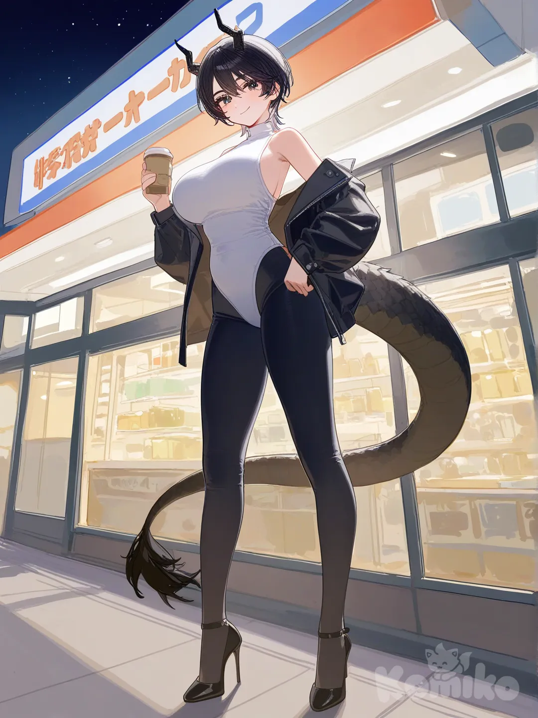beautiful anime waifu, portrait style, face, highly anime art, full body ,1girl, black wolf cut , black eyes, black dragon tail, black dragon horns,
smile ,large breasts, hcup, height 175cm, weight 65kg, white Sleeveless leotard, black leggings pants, black Off-shoulder open jacket, black Stiletto heel, starry sky, convenience store, [lacquered-illustration-style]