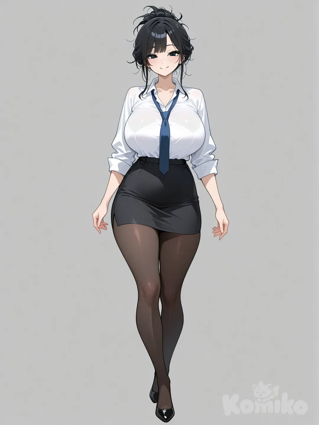 beautiful anime waifu, portrait style, face, highly anime art, 1girl, full body, black Messy updo with side bang, black eyes,smile large breasts, hcup, height 175cm, weight 65kg white dress shirt,  black mini skirt, black sheer tights, slightly loose black tieoffice outfit, anime style, [glossy-anime-style]