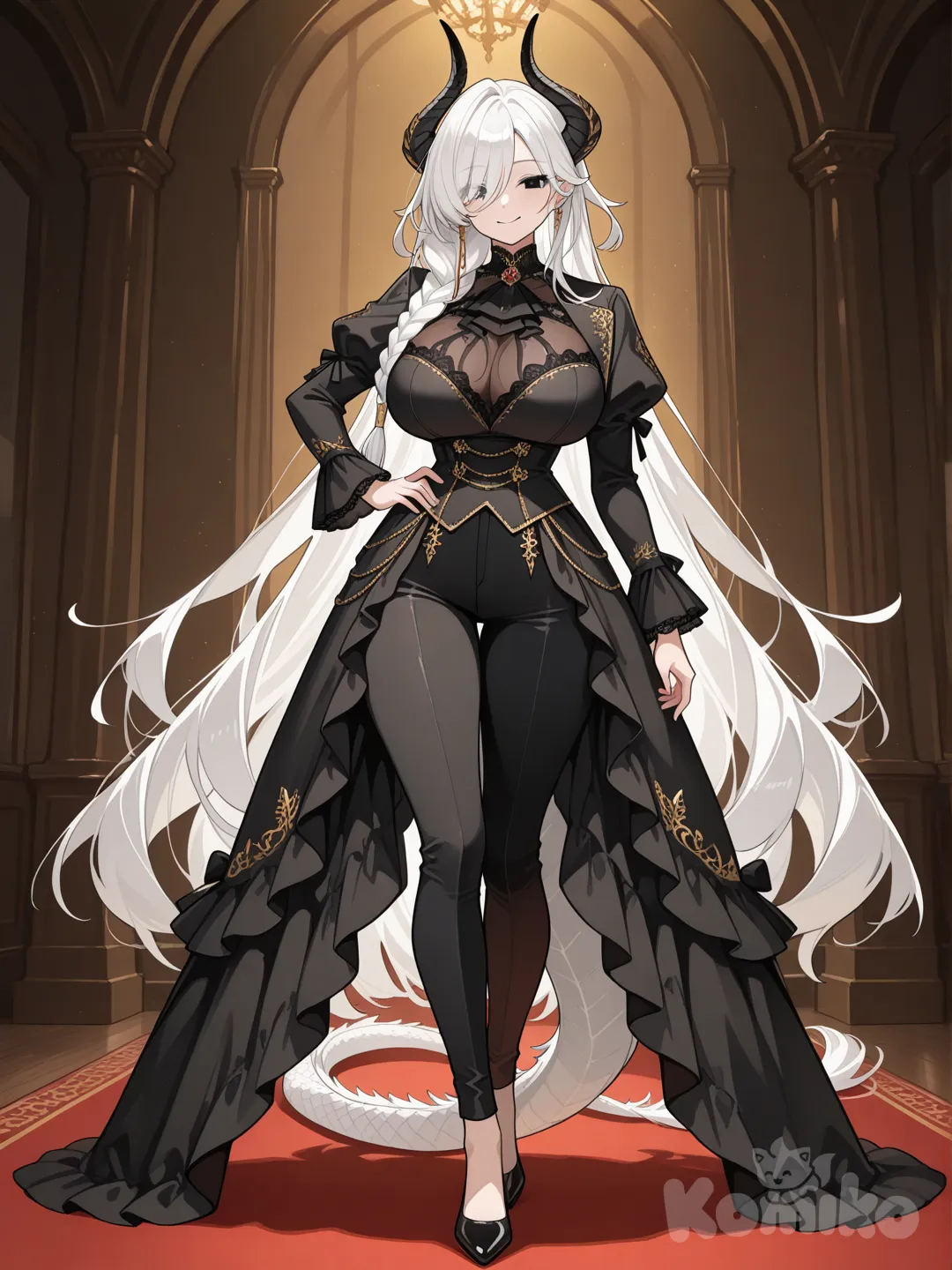beautiful anime waifu, portrait style, face, highly anime art, 1girl, full body, white single braid, see-through bangs, black eyes,smile large breasts, hcup, height 173cm, weight 63kg Gothic Victorian-style outfit: a long black women’s tailcoat with flowing split tails, gold accents, and a structured silhouette a white ruffled high-neck blouse tight black fitted pants; black high-heel pumps; elegant dark color palette; refined, aristocratic, gothic fantasy aesthetic, white  dragon horns, a long, white feathered dragon tail with soft layered plumes,anime style, [glossy-anime-style]
