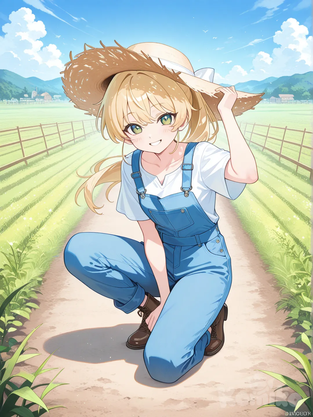 beautiful anime waifu, portrait style, face, highly anime art, smile, full body, blonde hair, high ponytail, green eyes, blue sky,farm
farmer, [glossy-anime-style]