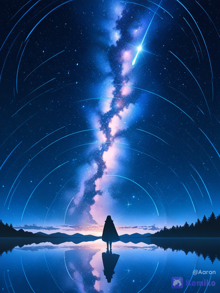A boy looks up at the starry night. He is walking on a still lake that reflects the starry sky above. The boy is wearing a cloak. The entire scene looks epic