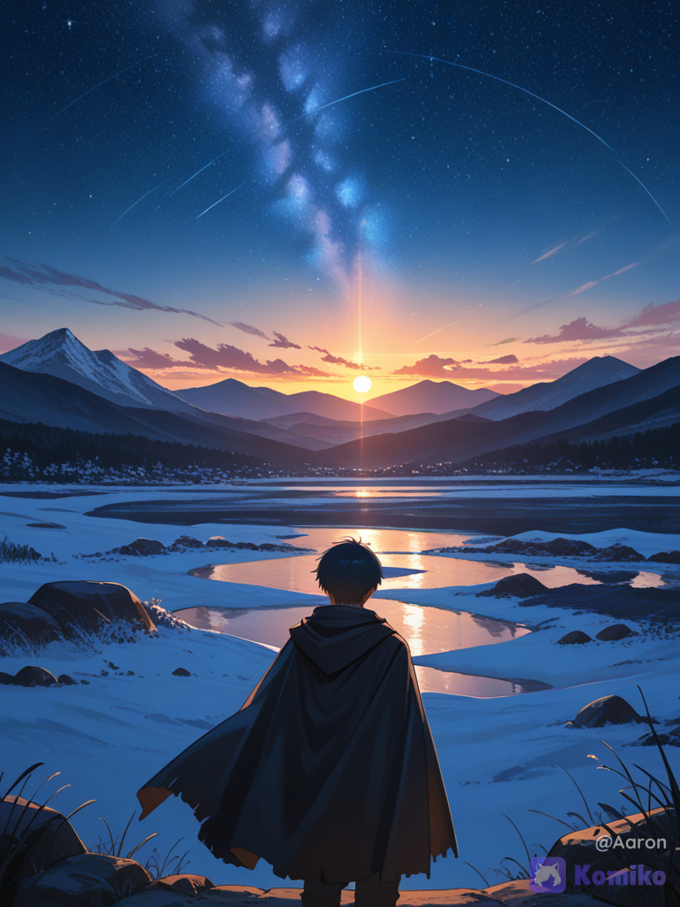 A boy in a cloak looking at the dawn. The sky still has some stars from the night sky.