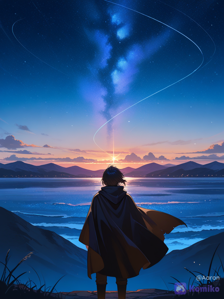 A boy in a cloak looking at the dawn. The sky still has some stars from the night sky.