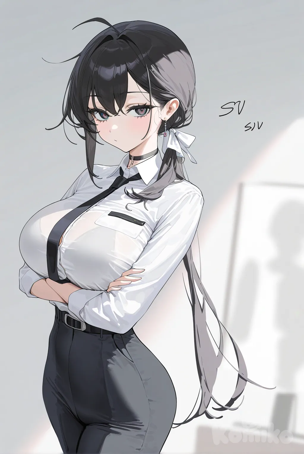 Alice is an Adult Girl with a Sexy body and big breasts, She has black hair and black eyes, and wears futuristic military office worker clothes.