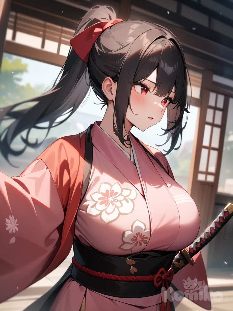 1girl, red eyes, black hair, ponytail, large breasts, katana, pink kimono