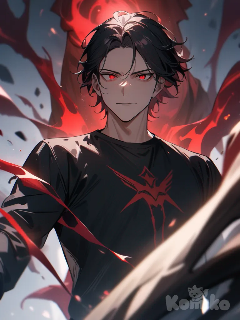 A man with short black hair, red eyes, a black shirt, and has a Dark Red Aura and glowing red eyes, Sambi smiles evilly and underestimates the enemy.