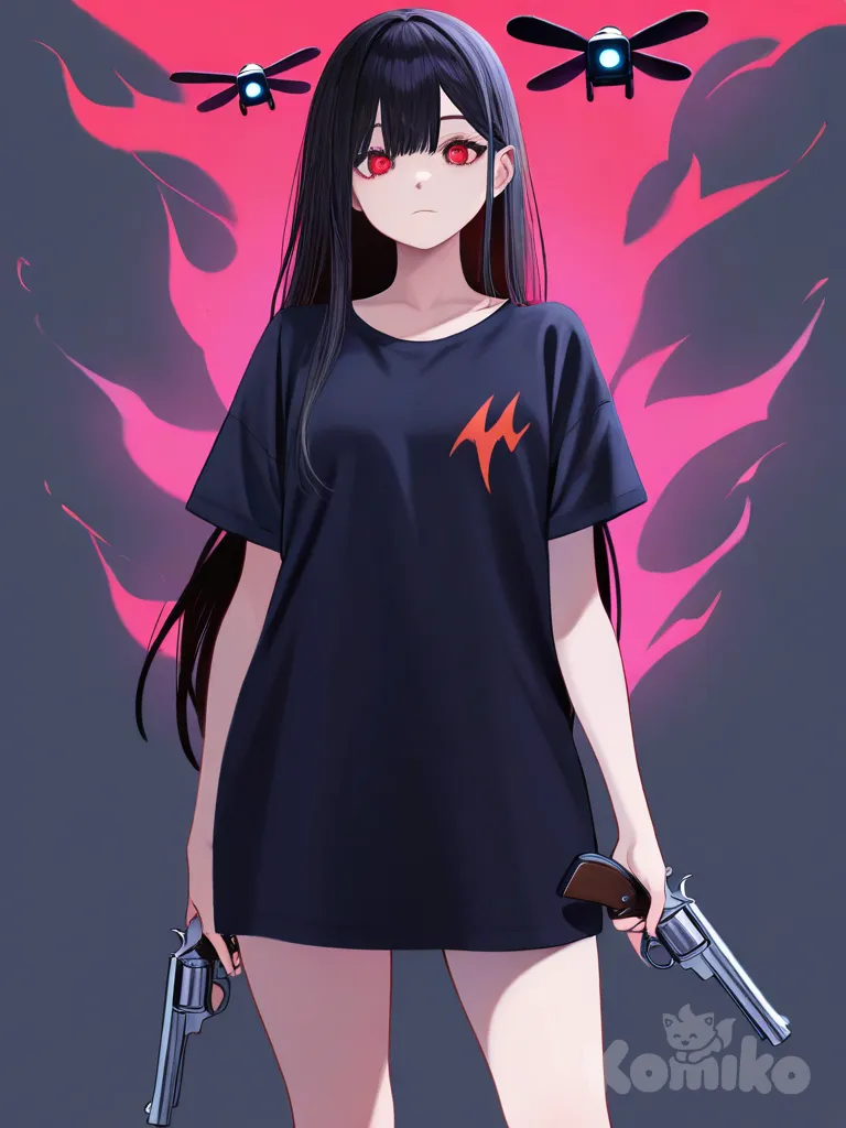 A man with short black hair, red eyes, a black shirt, and has a Dark Red Aura and glowing red eyes, Sambi smiles evilly and underestimates the enemy, revolver, drone