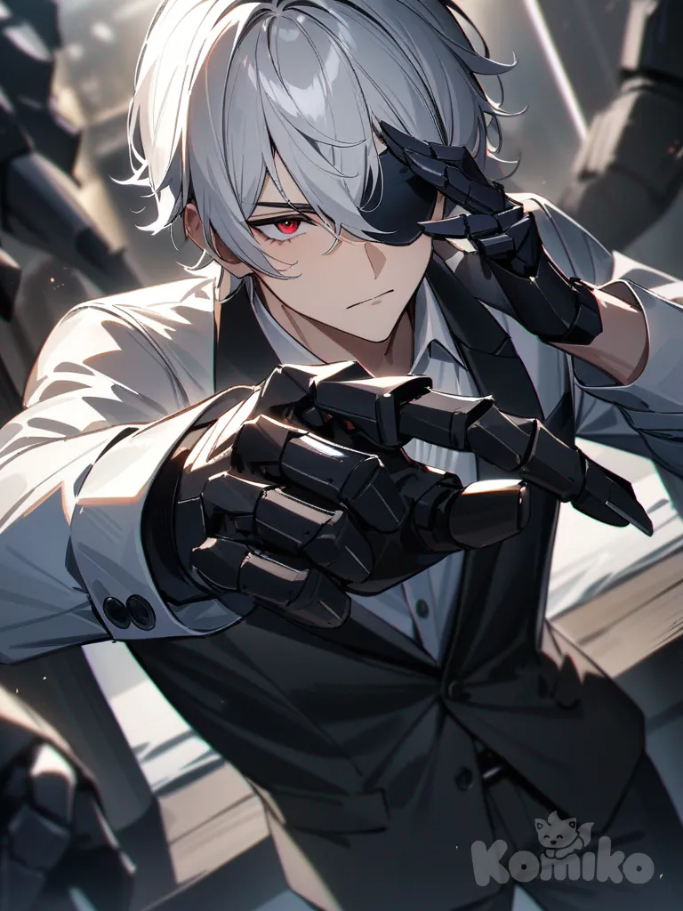 A man with white hair, red eyes, his right eye covered by an eye patch, his left hand a black robotic hand. A white shirt and a black suit.