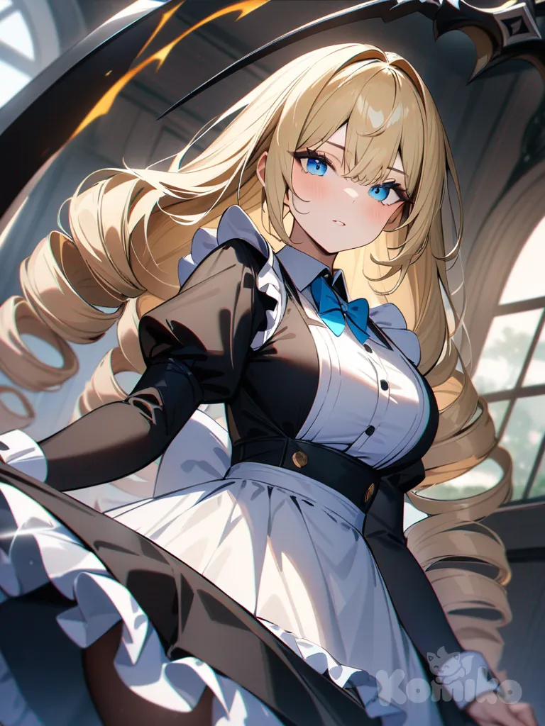 drill hair, blonde hair, blue eyes, large breasts, maid apron, black scythe