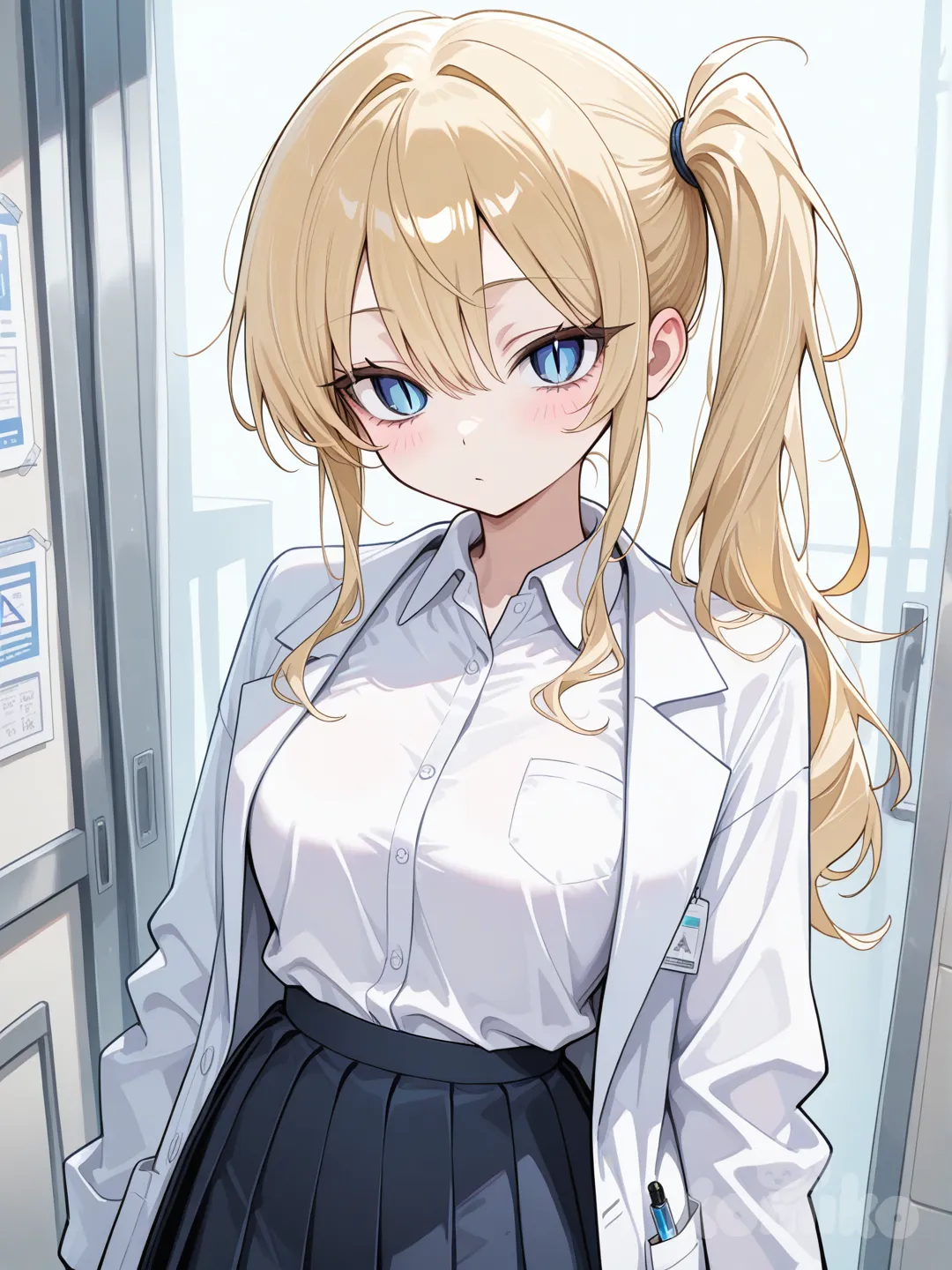 Emily is a young woman with long blonde hair that is tied into a ponytail on the side of her head. She has blue eyes that are described as cat-like and Medium Breasts. She has a high school teenager body, with a college shirt and skirt and a lab coat because she is studying medicine.