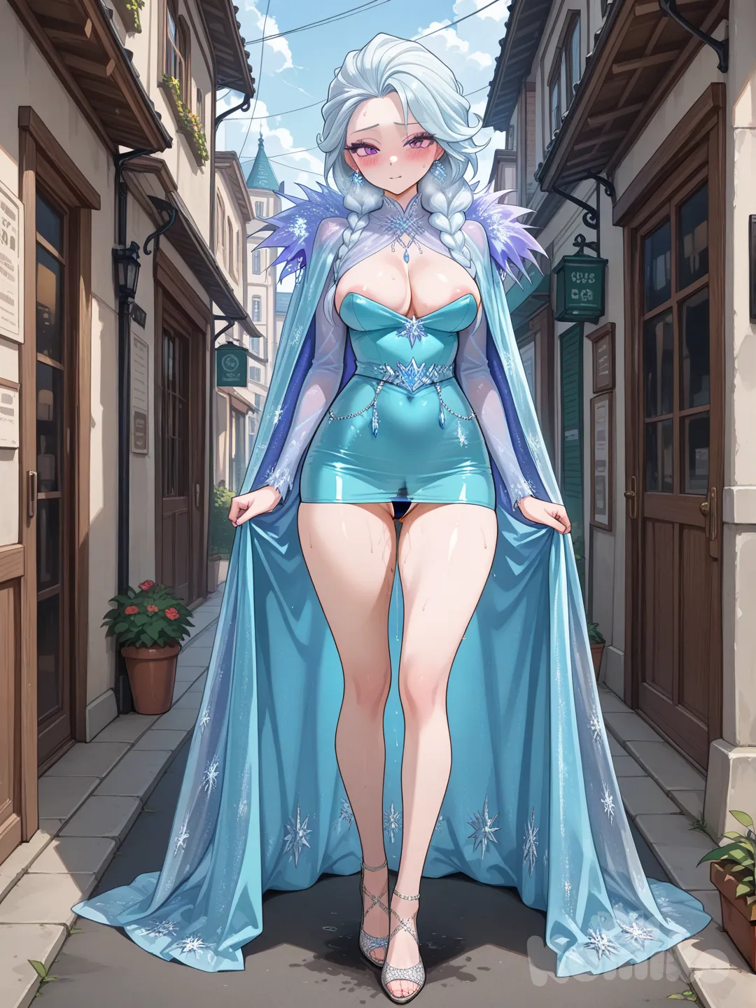 elsa (frozen), cameltoe, blue miniskirt, pussy juice drip through clothes, see-through thong, pussy juice stain, pussy peek, nipple slip, full body, public indecency