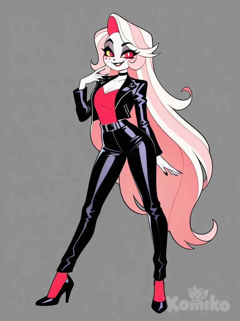 1boy, hazbin hotel, charlie morningstar, cartoon, demon, furry, unicorn, teenager, tall, athletic, wavy hair, curly hair, long hair, pink hair, silver hair, red eyes, purple eyes, freckles, pale skin, leather jacket, suit pants, lace, bow, pearls, single character, full body, looking at viewer, anime style, simple background, white background