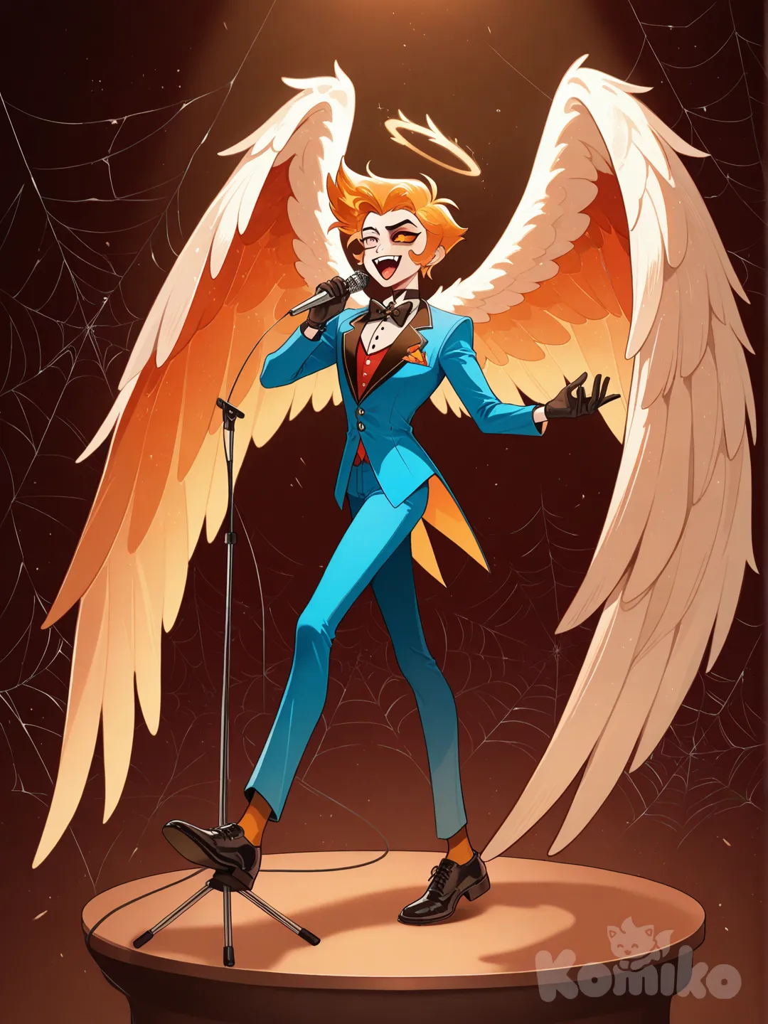 Hazbin Hotel, Spider angel, David Bowie, ginger hair, heterochromia singing, David Bowie blue suit, angel wings, golden halo, full body