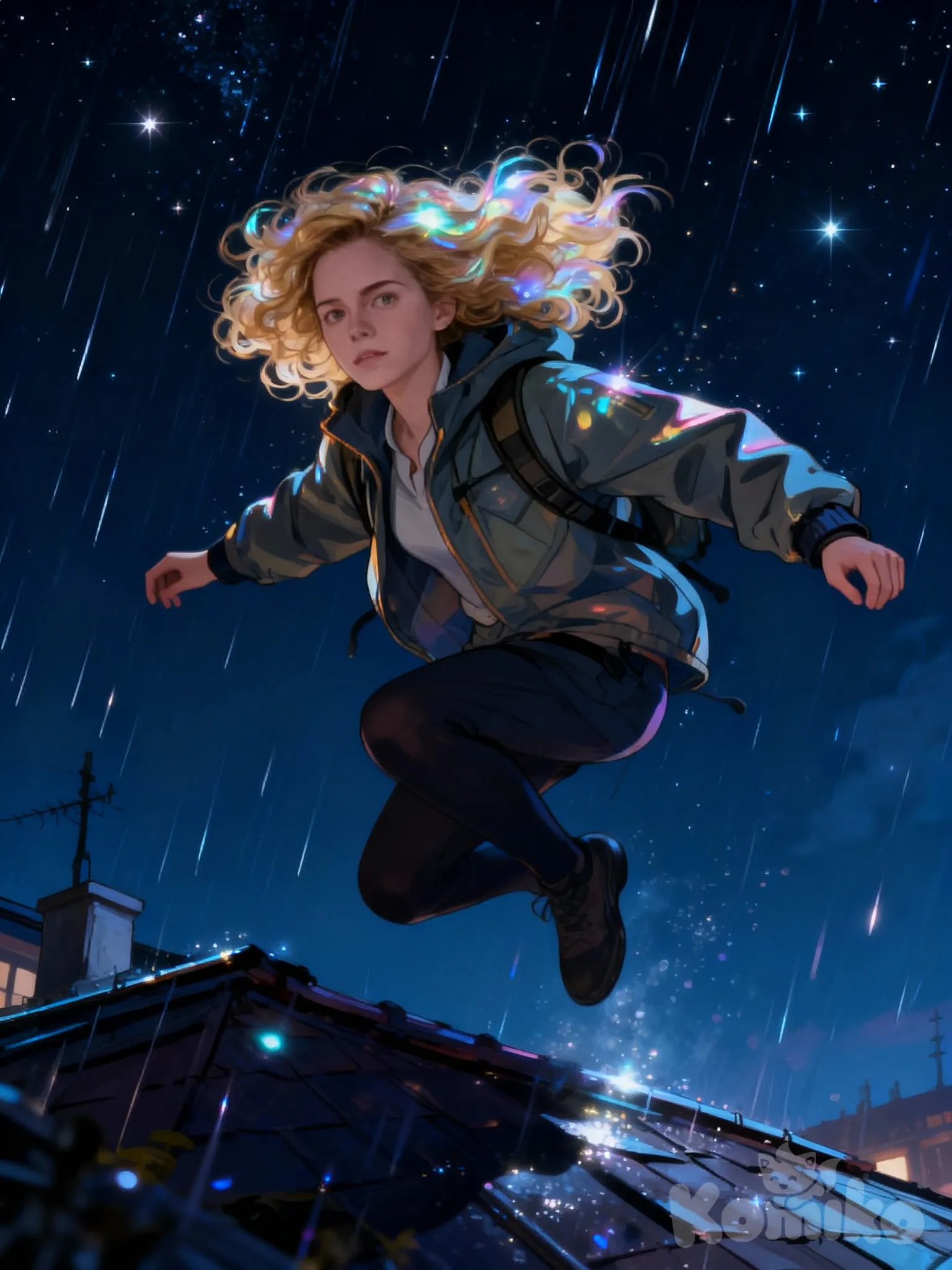 @Hermione_Granger, [iridescent-style], jumping from rooftop, outdoor adventure jacket, looking at viewer, sle, rainy, starry sky