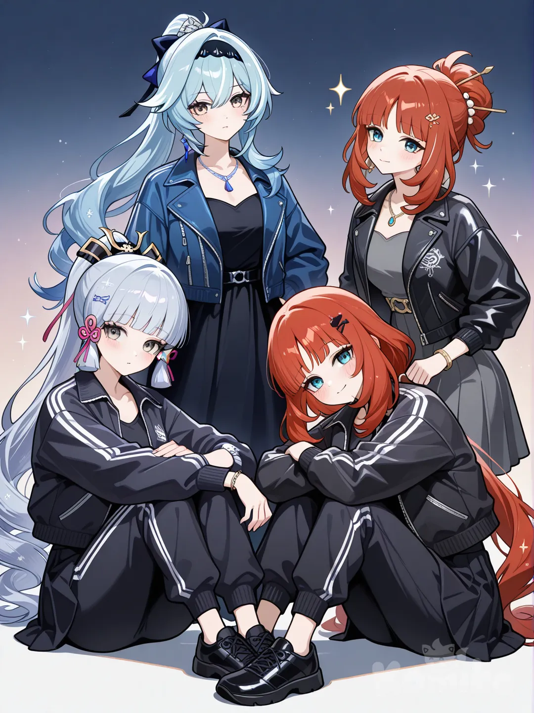@Kamisato_Ayaka, @Bronya_Zaychik_(Silverwing:N-Ex), @Eula_(Genshin_Impact), @Nilou_(Genshin_Impact), blush, head tilt, sitting on the ground, tracklittle black dress, tracksuit, leather jacket, sherpa, earrings, necklace, jewelry, bracelet, hairpin, fluffy curls, updo, burgundy, full body, sparkle, ocean, gradient background