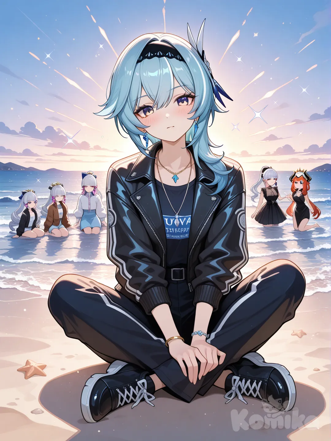 @Kamisato_Ayaka, @Bronya_Zaychik_(Silverwing:N-Ex), @Eula_(Genshin_Impact), @Nilou_(Genshin_Impact), blush, head tilt, sitting on the ground, tracklittle black dress, tracksuit, leather jacket, sherpa, earrings, necklace, jewelry, bracelet, hairpin, fluffy curls, updo, burgundy, full body, sparkle, ocean, gradient background