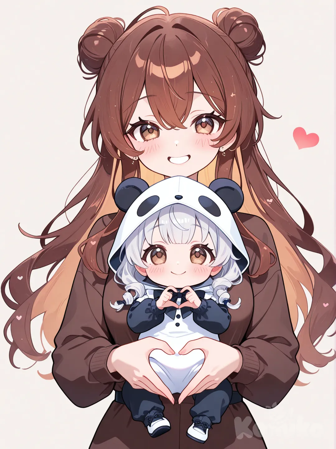 2 baby girls,mom holding them,heart hands,panda costumes on holding a colorful child, hair layered, chocolate hair, cute smile,one baby chocolate brown hair, second baby silver hair