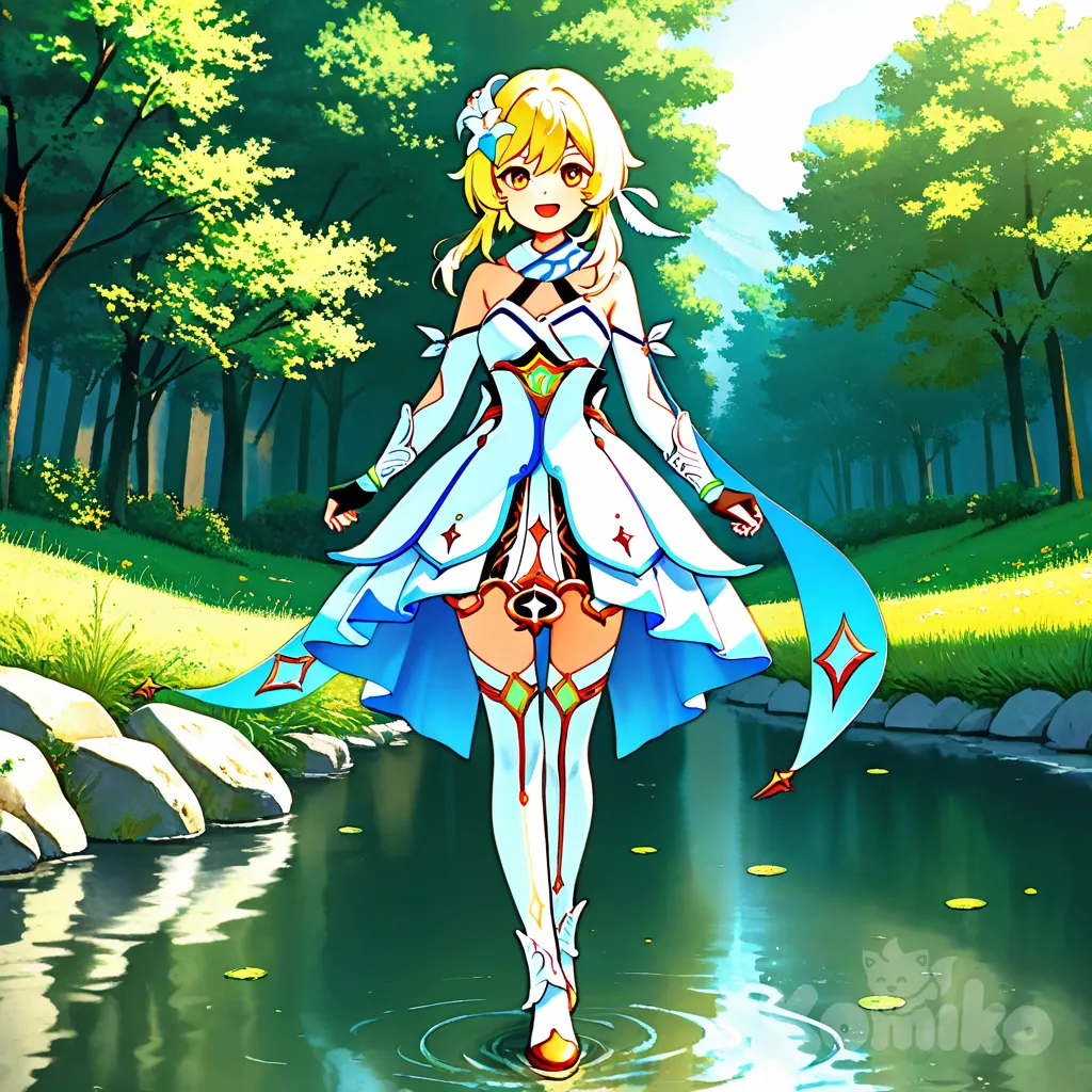 Lumine (Genshin Impact),walking by the river, and a dark time., open mouth, smile, full body