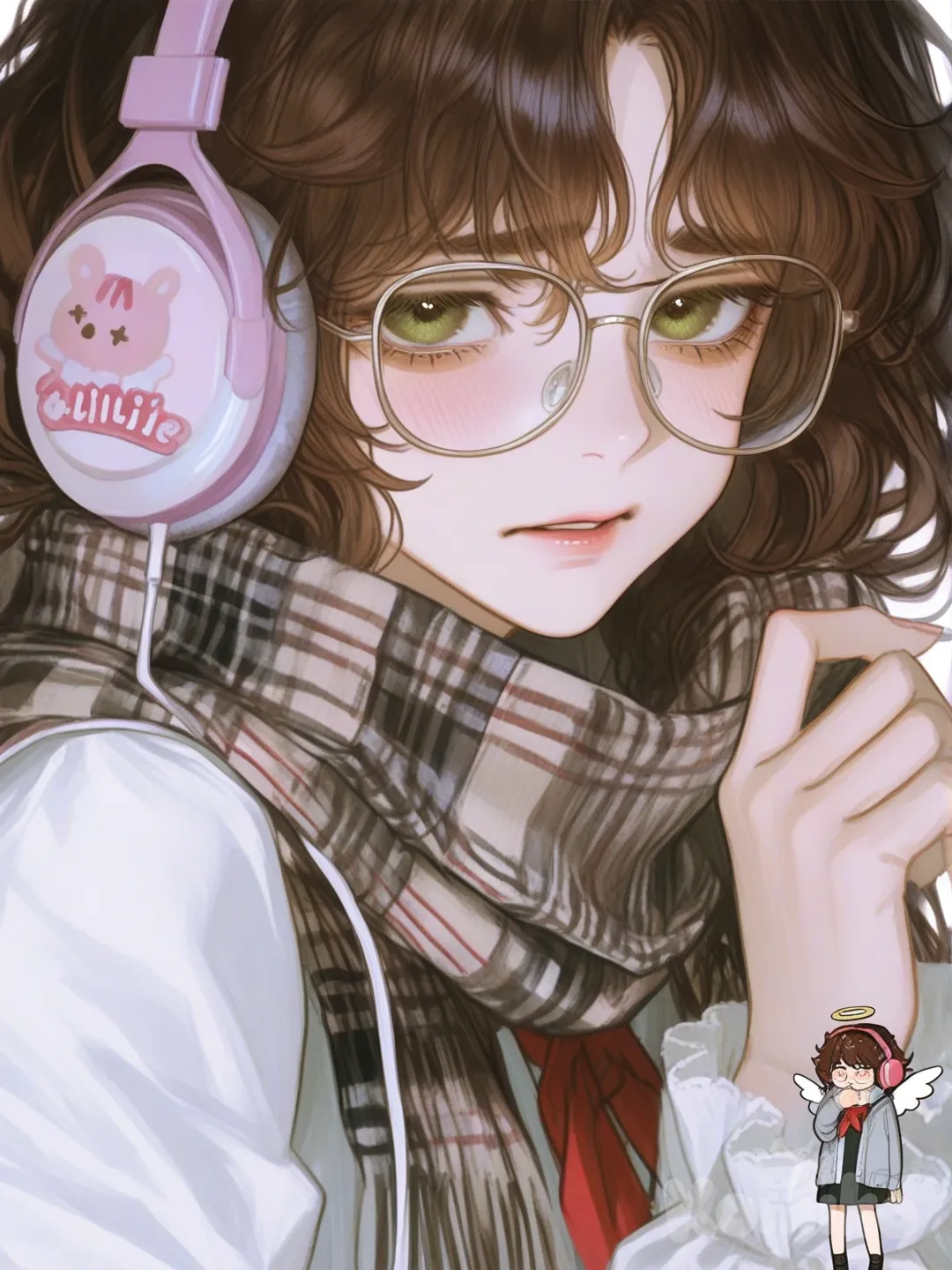 [semi-realistic-portrait-style] 1girl, ollie, tall, short_hair, brown_hair, wavy_hair, brown_eyes, green_eyes, angel, tan, school_uniform, frills, headphones, glasses, scarf, shy, sweet, single character, full body, looking at viewer, anime style, simple background, white background