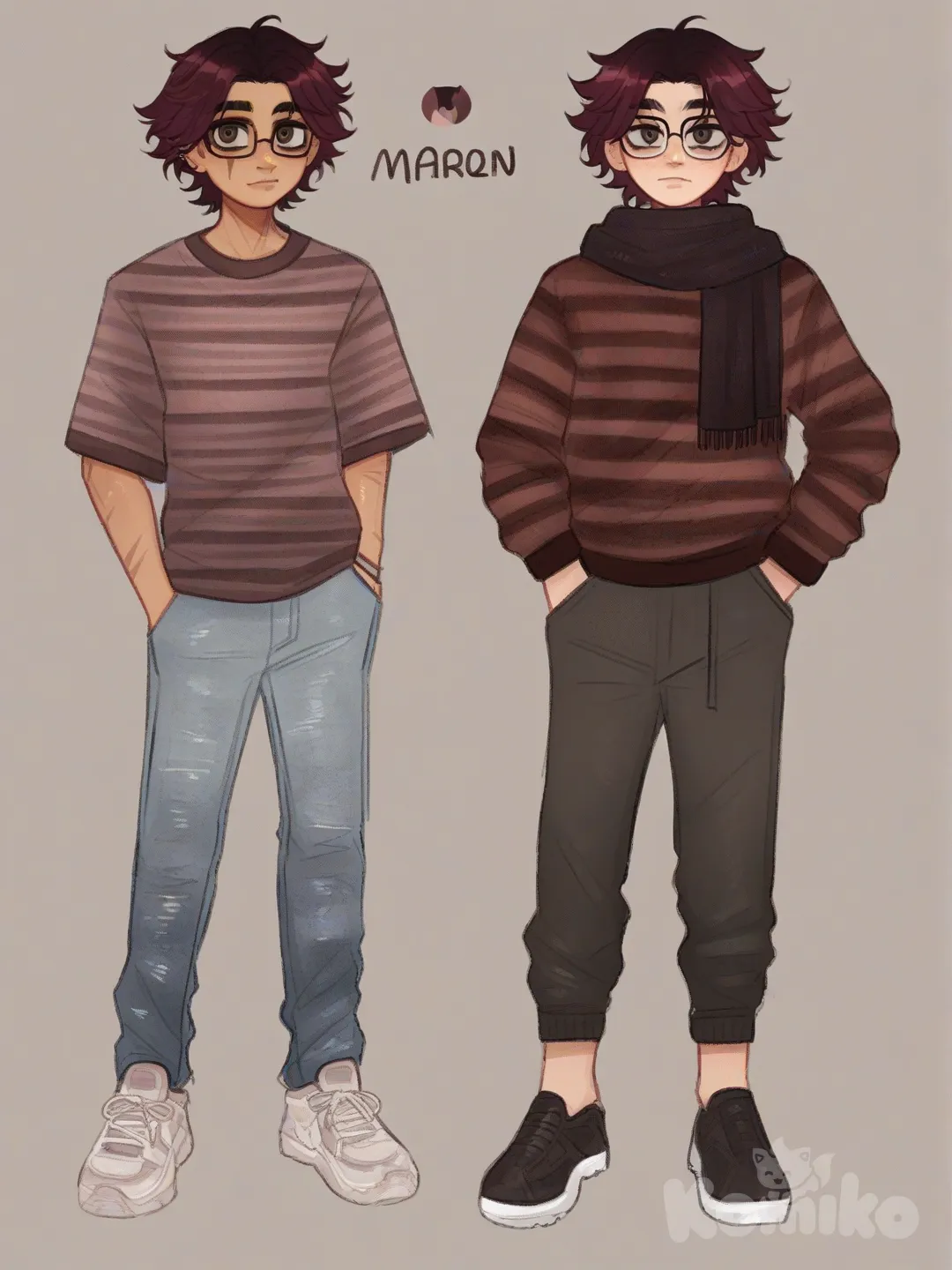 [soft-shaded-moe-style] 1boy, realistic, teenager, tall, maroon_hair, brown_eyes, scar, tan_skin, striped_shirt, casual_pants, scarf, glasses, single character, full body, looking at viewer, simple background, white background