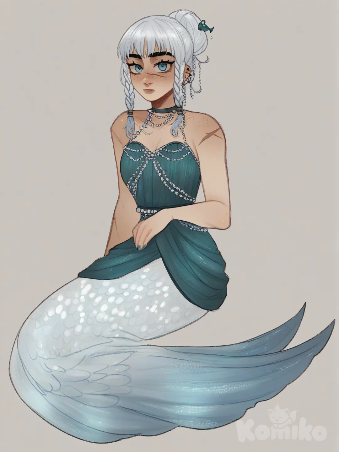 [soft-shaded-moe-style] 1girl, cartoon, teenager, stocky_build, mermaid, blue_hair, silver_hair, braided_hair, hair_bun, blue_eyes, scar, freckles, tan_skin, jade_dress, dress_hem_pearls, lace_trim, pearl_accessory, jewelry, earrings, choker, single_character, full_body, looking_at_viewer, simple_background, white_background