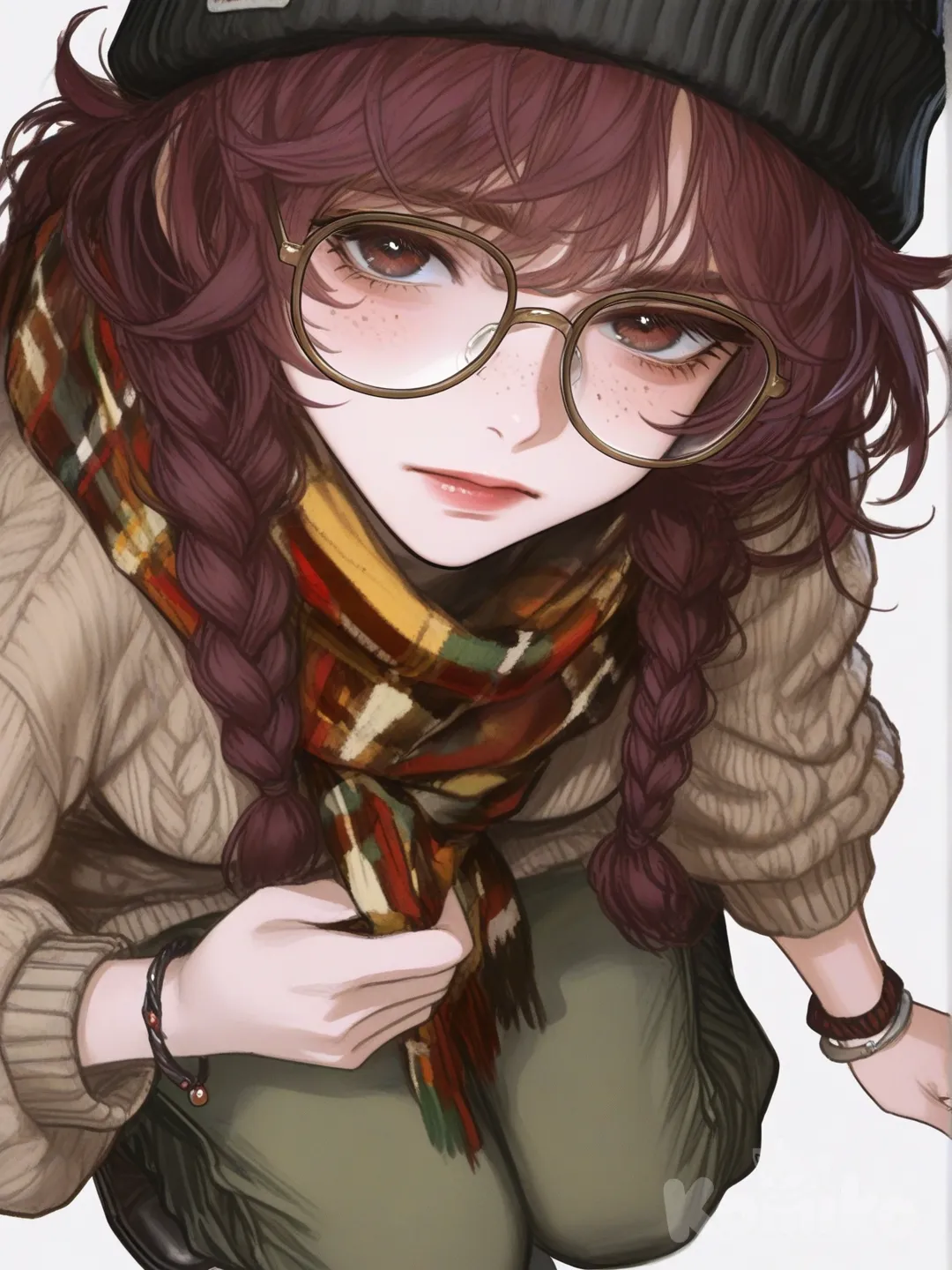 [semi-realistic-portrait-style] 1girl, solo, teenager, stocky, maroon_hair, braids, wavy_hair, brown_eyes, freckles, scar, olive_skin, wide_leg_pants, down_jacket, tassels, glasses, knit_hat, knitted_cardigan, bracelet, scarf, single character, full body, looking at viewer, anime style, simple background, white background