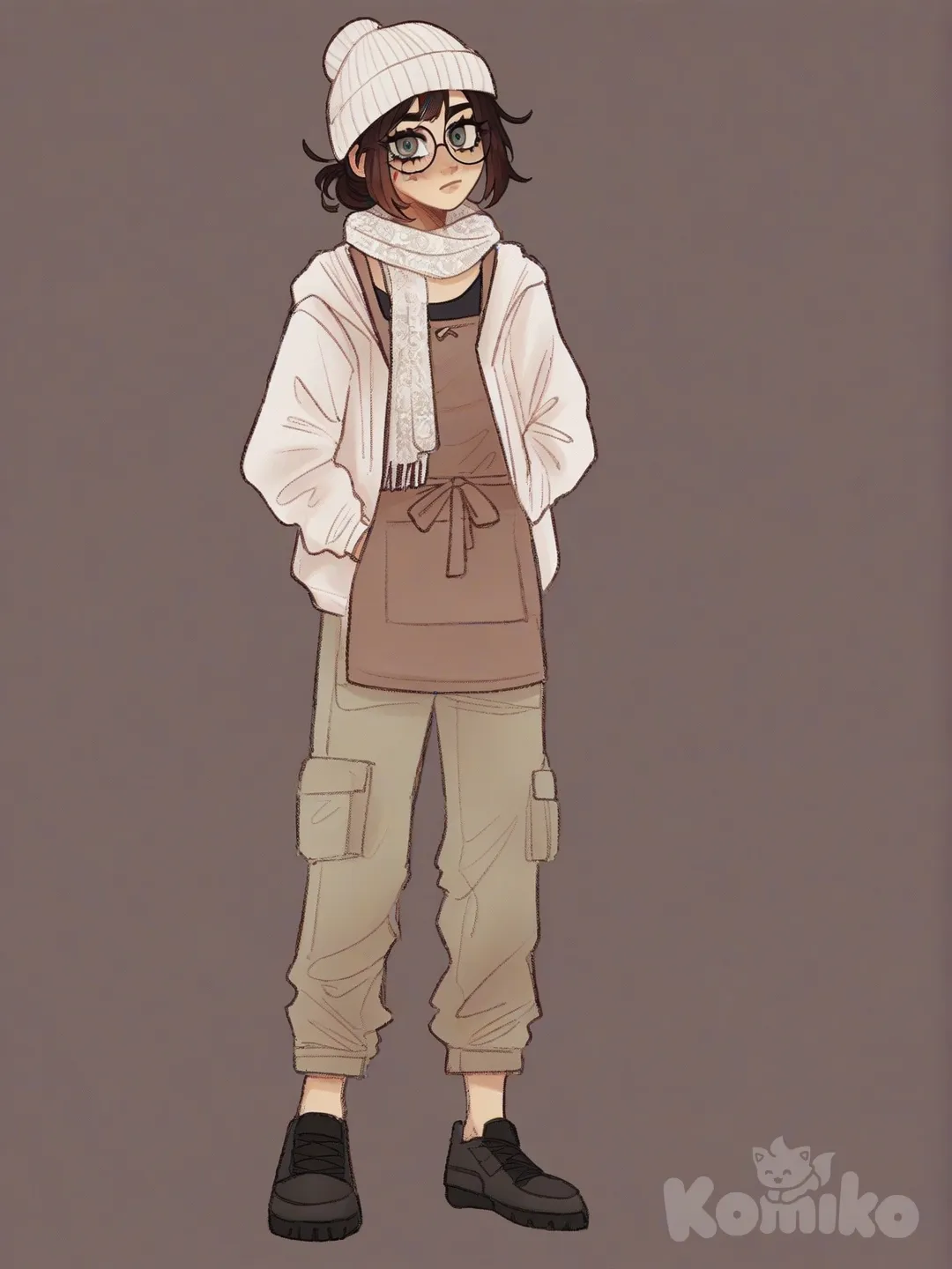 [soft-shaded-moe-style] 1girl, teenager, tall, brown hair, silver hair, bun, gray eyes, scar, tan skin, hoodie, cargo pants, apron, lace, glasses, beanie, scarf, bow, single character, full body, looking at viewer, anime style, simple background, white background