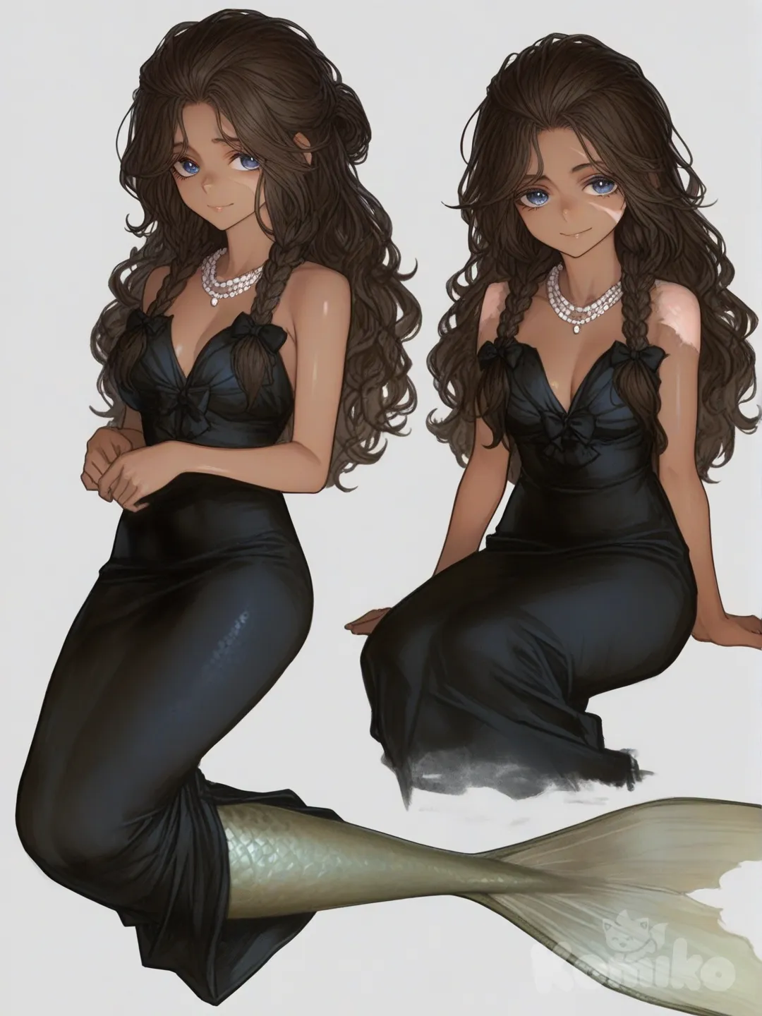 [semi-realistic-portrait-style] 1girl, mermaid, tall, wavy hair, braids, brown hair, blue eyes, scar, tan skin, evening dress, ruffles, pearls, jewelry, necklace, bow, single character, full body, looking at viewer, anime style, simple background, white background