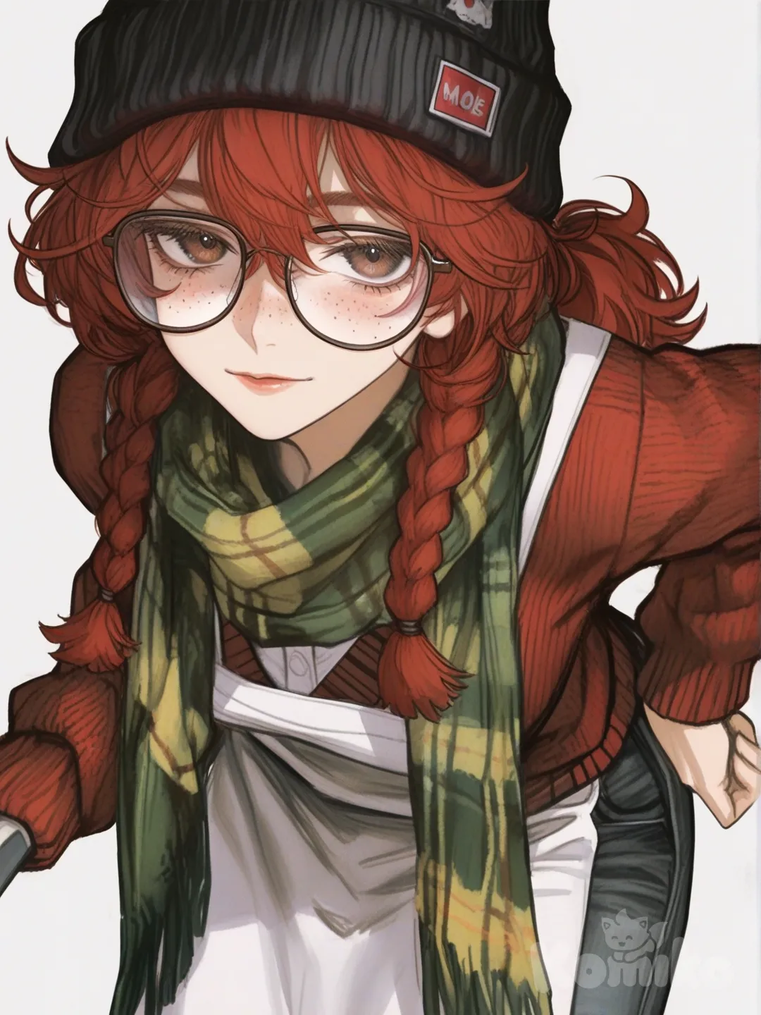 [semi-realistic-portrait-style] 1girl, soft_shaded_moe_style, teenager, tall_girl, ponytail, red_hair, braids, brown_eyes, freckles, tan_skin, knitted_cardigan, wide_leg_pants, apron, tassels, glasses, beanie, scarf, single_character, full_body, looking_at_viewer, anime_style, simple_background, white_background