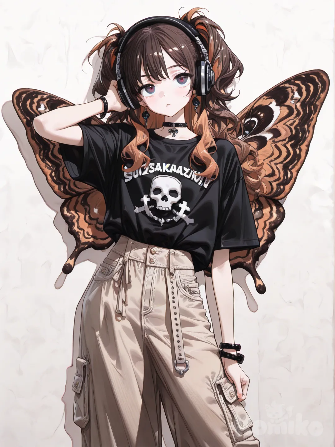 Cute drawing , khaki , long wavy hair, brown hair with red at the bottom, earrings, bracelet, moth wing on headphones, ruffles, oversize jeans , t-shirt emo goth , [high-gloss-illustration-style]