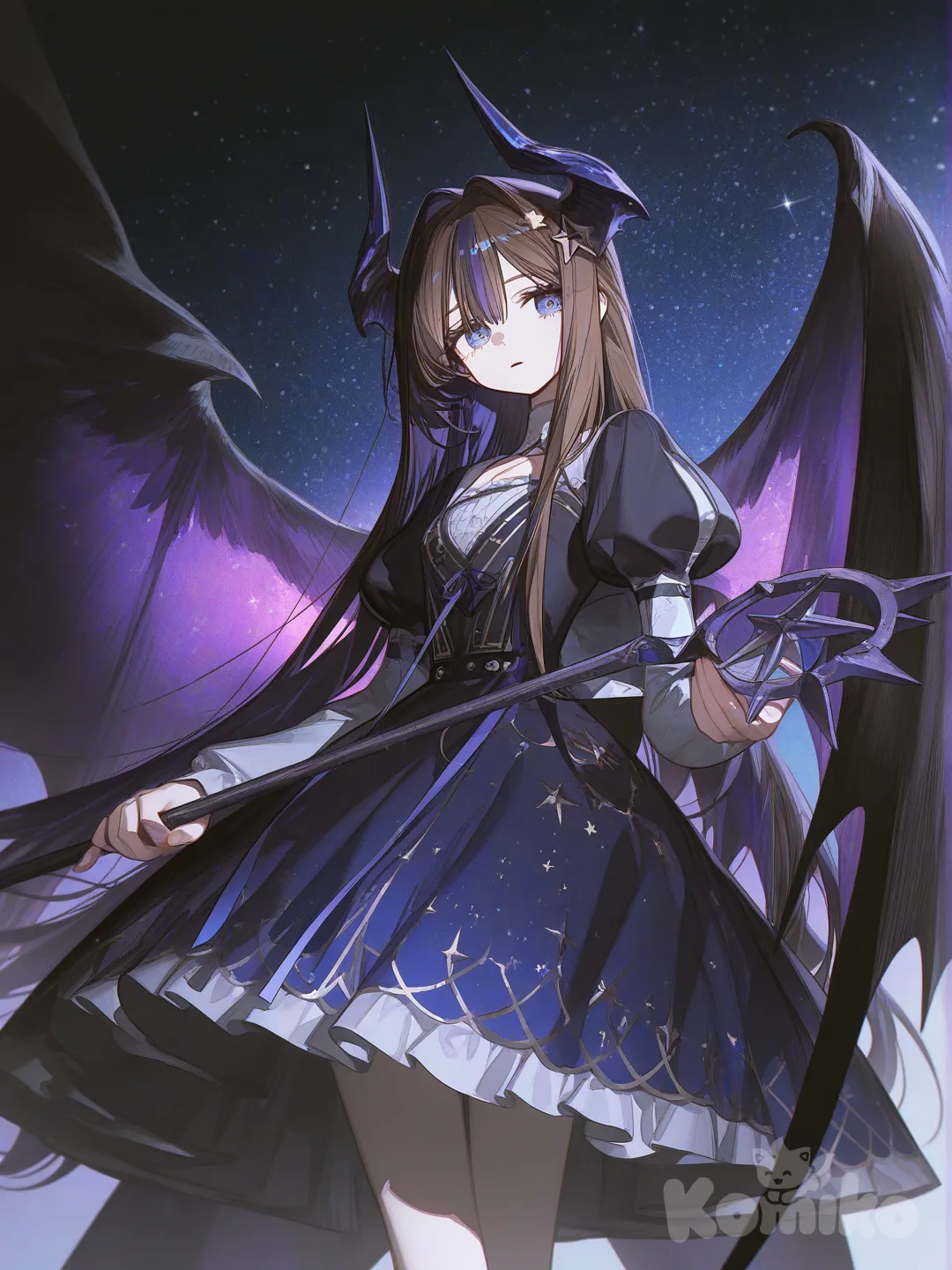 create a short girl with dark blue eyes with long dark purple and brown hair with bangs and a fluffy big glowing wings on her back that's dark purple and black with dark blue dragon horns with a pretty staff in her hand and stars everywhere and a star in her head and a fluffy dress that's dark blue , [high-contrast-glossy-style]