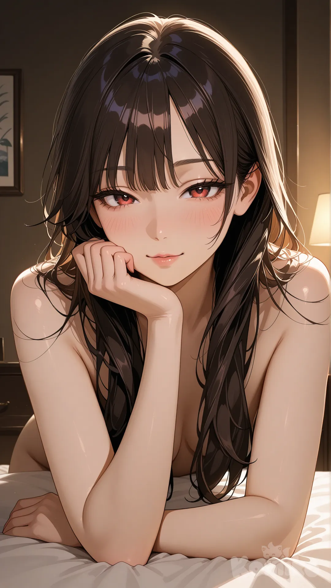 1-girk chinese, nude, seductive pose, looking at viewer, soft lighting, sultry expression, background, ultra-realista, transando