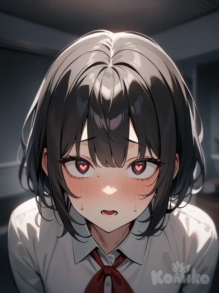 1girl, black hair, psycho, yandere, heart-shaped pupils