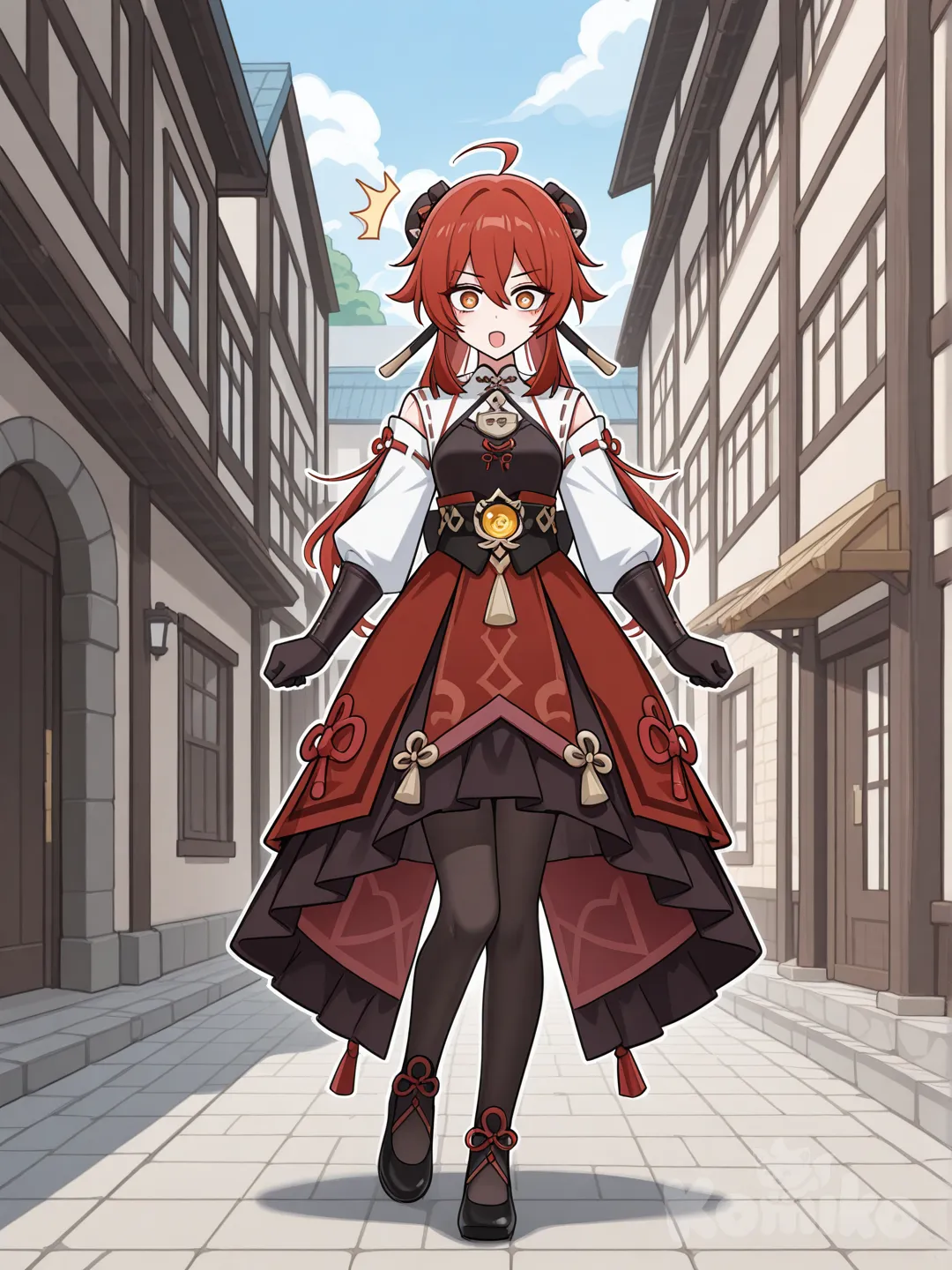 (), expressive eyes, perfect face 1girl, outside, ultra-extreme quality, Masterpiec
e, beautiful, pretty, 1girl, genshin_impact, a genshin_impact oc\ my own character, genshin_impact, looking at the viewer, full body, standing up, with a genshin_impact colorful outfit on, <lora:outline_xl_end:-2>,<lora:outline_xl_end:0>,<lora:outline_xl_end:2>,anime eyes,douyin eyes,high detail eyes,multicolored iris,red hair, [toon-shaded-style]