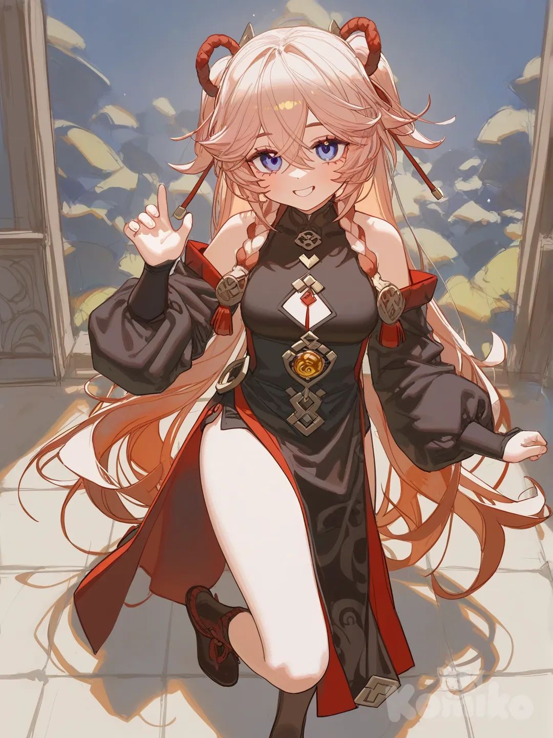 [lacquered-illustration-style](), expressive eyes, perfect face 1girl, outside, ultra-extreme quality, Masterpiec
e, beautiful, pretty, 1girl, genshin_impact, a genshin_impact oc\ my own character, genshin_impact, looking at the viewer, full body, standing up, with a genshin_impact colorful outfit on, lora:outline xl end:-2,lora:outline xl end:0,lora:outline xl end:2,anime eyes,douyin eyes,high detail eyes,multicolored iris