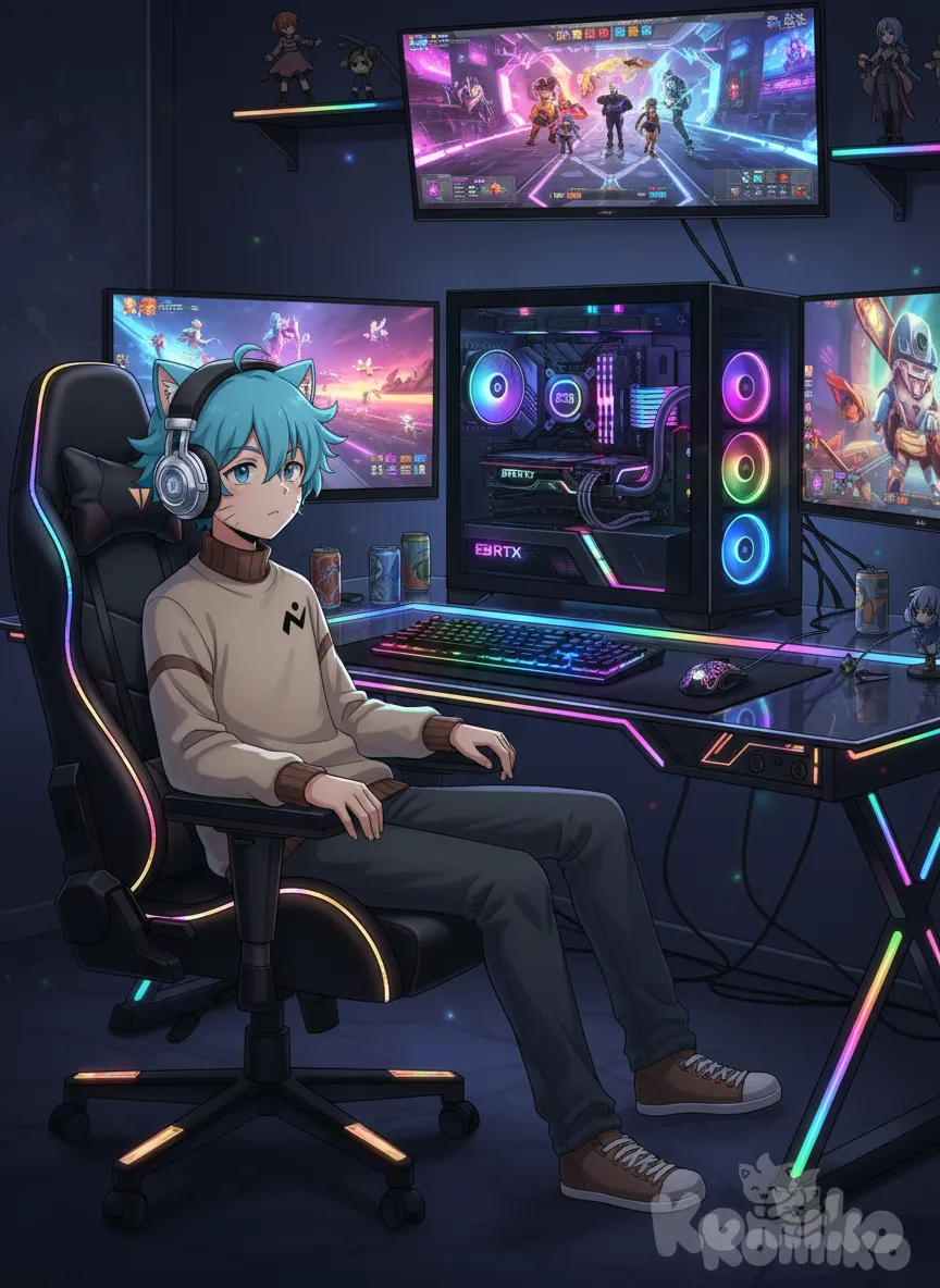 Que el chico esté sentado en una silla gamer muy lujosa y que tenga una pc gamer RTX RGB muy lujosa y que tenga una computadora muy lujosa y unos audífonos muy lujosos, anime style