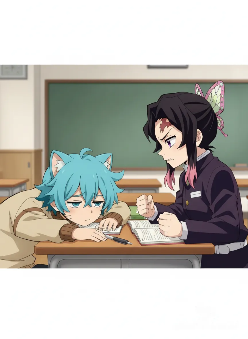 Que el chico tenga cara de aburrimiento y que esté ignorando a Tsuyuri Kanao y Tsuyuri Kanao lo mire con enojo y que estén sentados y que el chico esté apoyando su cabeza en la mesa, anime style