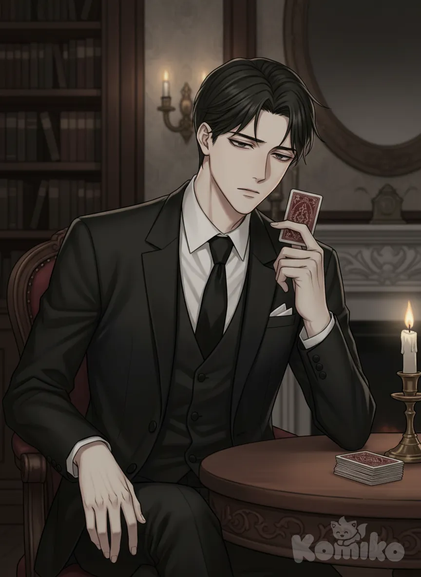 Que el chico tenga ropa negra elegante y que esté sentado y que tenga una mesa y que tenga cara de aburrimiento y sin ninguna sonrisa y que vea una carta, anime style