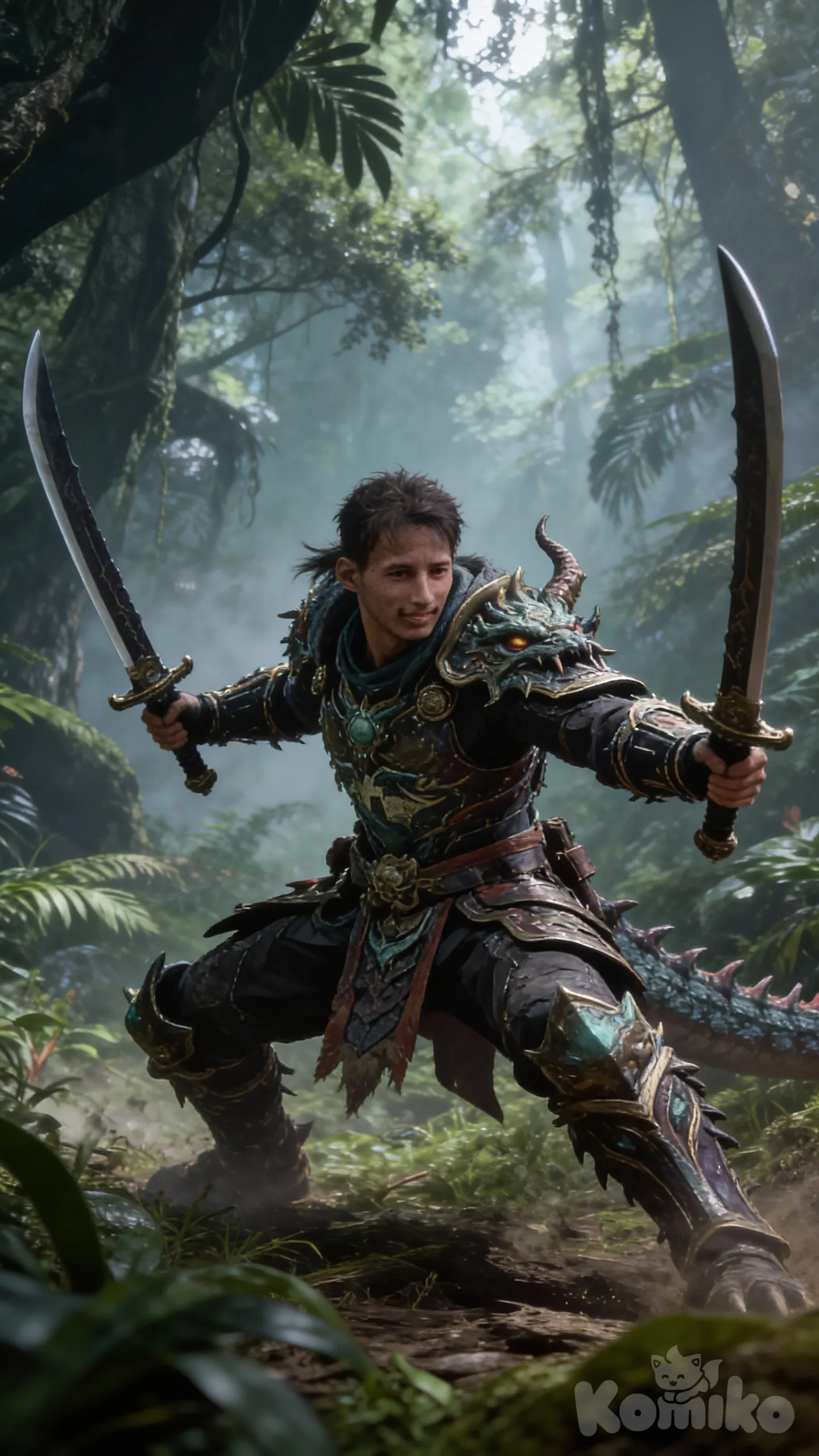 1768237530356 hazme está foto con animación de Monster Hunter usando espadas duales y la armadura del nargacuga en el bosque primigenio